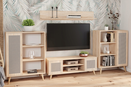 Szafka RTV FOCUS 155 cm skandynawska, nogi drewniane, nadruk rattan - Dąb Sonoma