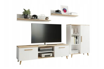 Zestaw mebli do salonu OSKAR komoda, szafka RTV, półki, styl skandynawski, nogi drewniane - Biały / Dąb Artisan