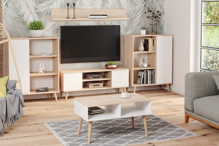 Stolik kawowy SANDI skandynawski nogi drewniane - Biały / Dąb Sonoma