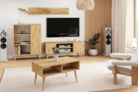 Szafka RTV FOCUS 135 cm skandynawska, nogi drewniane - Dąb Artisan