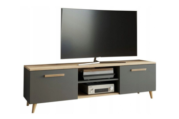 Szafka RTV BERGA 120 cm skandynawska, nogi drewniane - Antracyt / Dąb Artisan