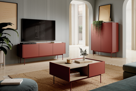 Ława COLETTE 97 cm - Ceramiczny Czerwony / Dąb Linea