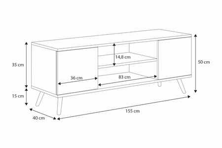 Szafka RTV FOCUS 155 cm skandynawska, nogi drewniane - Dąb Craft / Biały