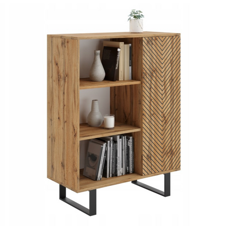 Komoda FONDI szafka z regałem loft, nogi metalowe, nadruk jodełka - Dąb Craft