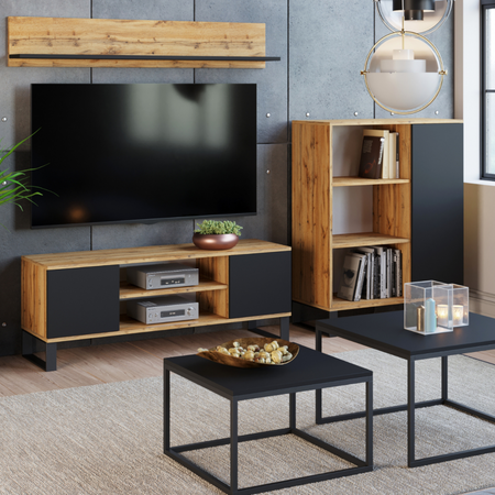 Komoda FONDI szafka z regałem loft, nogi metalowe - Dąb Craft / Czarny