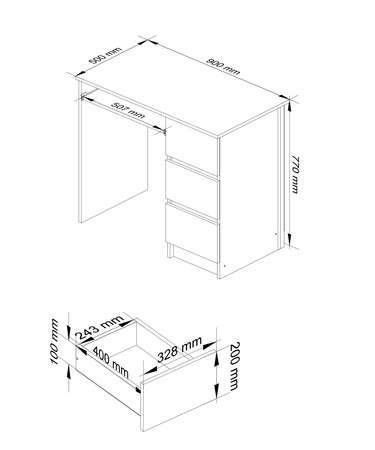 Biurko komputerowe 3 szuflady prawostronne 90 cm - kolor Dąb Craft 