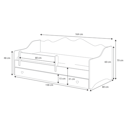 Łóżko dziecięce EMMA 160x80 barierka szuflada uchwyty serduszka - Biały / Różowy