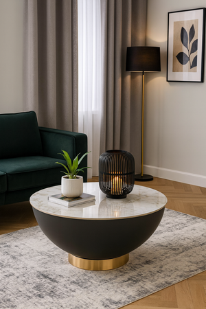 Stolik kawowy CIRI niski okrągły - Biały Marmur / Grafitowy / Złoty