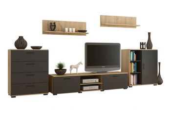 Zestaw mebli do salonu SOFEN II szafka RTV, komoda, szafka, półki - Dąb Artisan / Czarny