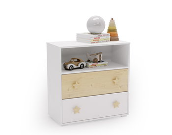 Komoda PUFFI z szufladami i półką - Biały / Klon