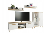 Zestaw mebli do salonu OSKAR komoda, szafka RTV, półki, styl skandynawski, nogi drewniane - Biały / Dąb Artisan